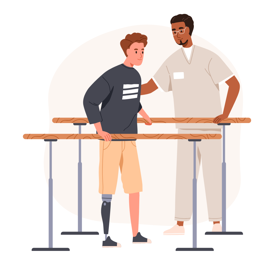 Ein Physiotherapeut, hilft einem jungen Mann mit einer Prothese an einem Gehbarren zu laufen.