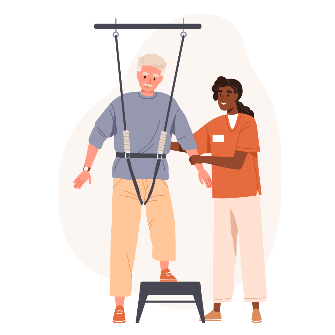 Eine Physiotherapeutin, unterstützten einen älteren Mann beim steigen auf einen Hocker.