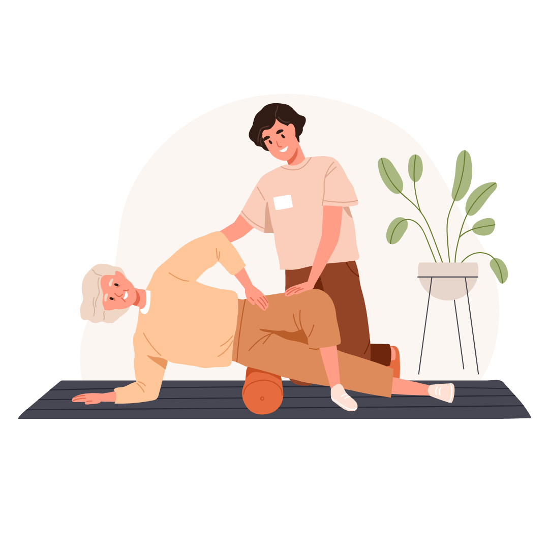 Junger Physio unterstützt bei benutzen einer Faszienrolle.