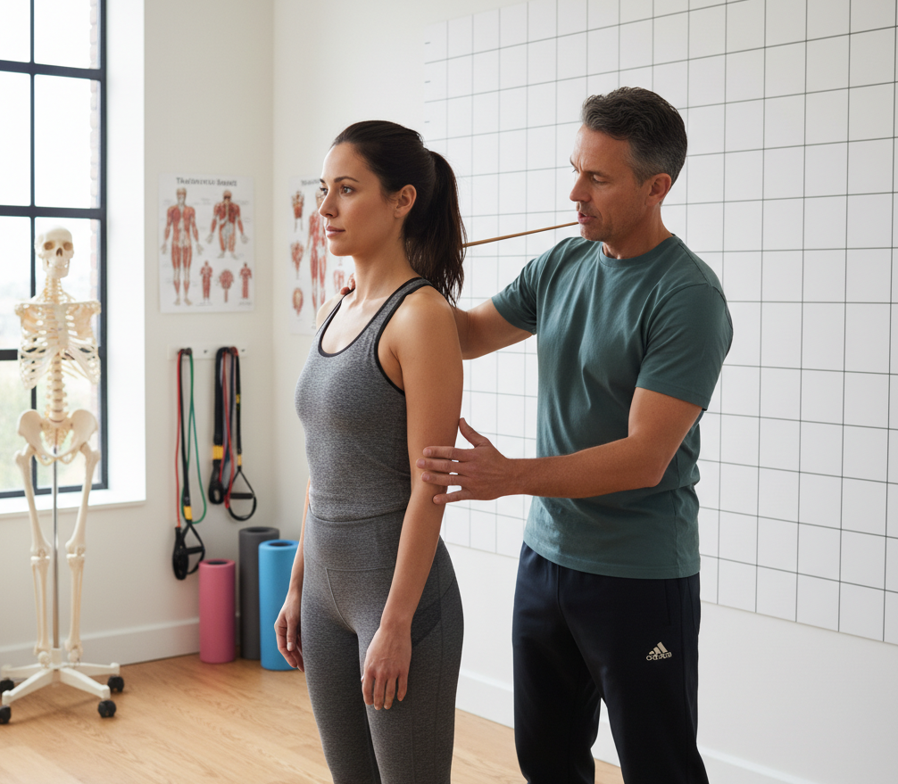 Physiotherapeut erklärt einer Frau wie sie ihre Haltung verbessert