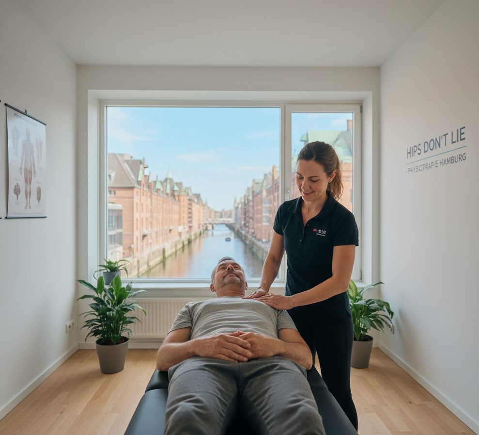 Physiotherapeutin behandelt einen älteren Mann auf einer Liege