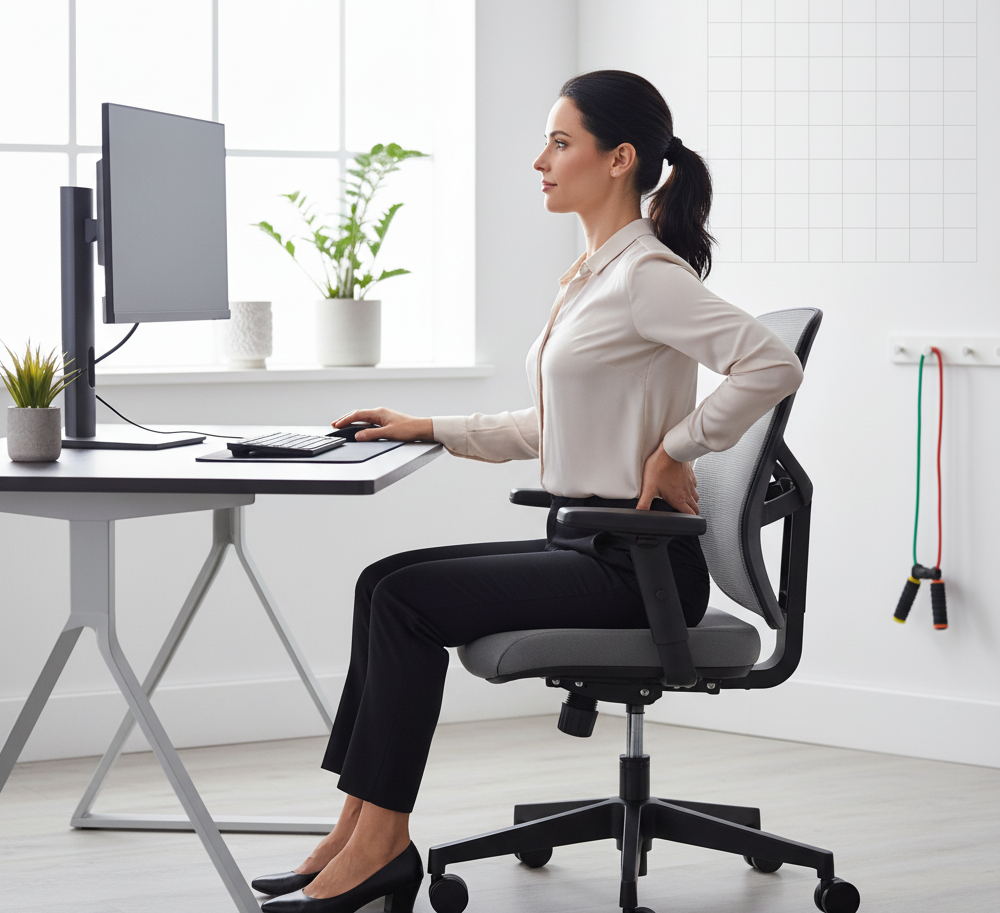 Frau sitzt am Schreibtisch und hält sich mit der linken Hand den Rücken